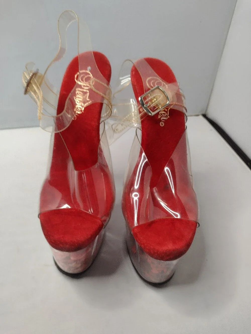 Pleaser Adore 708FL Women's Heel Platform Ankle Strap Red Clear Shoes 5 A10